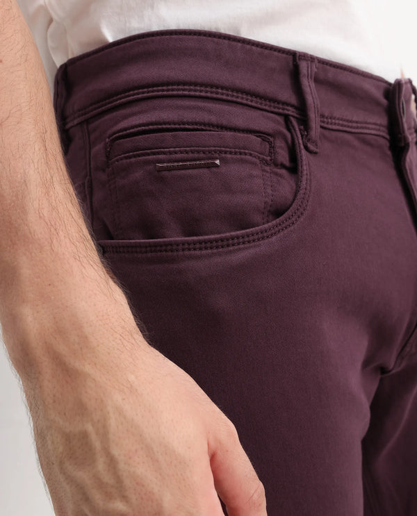 Rare Rabbit Men's Essen Dark Maroon Garment Dyed Mid-Rise  Slim Fit Jeans
