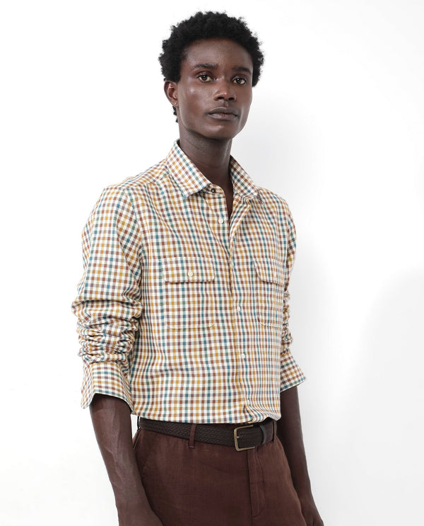Rare Rabbit Mens Essen Mustard Cotton Fabric Full Sleeve Regular Fit Gingham Checks Print Twill Shirt