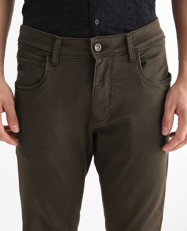 Rare Rabbit Men's Essen Dark Olive Dark Wash Mid-Rise Slim Fit Jeans
