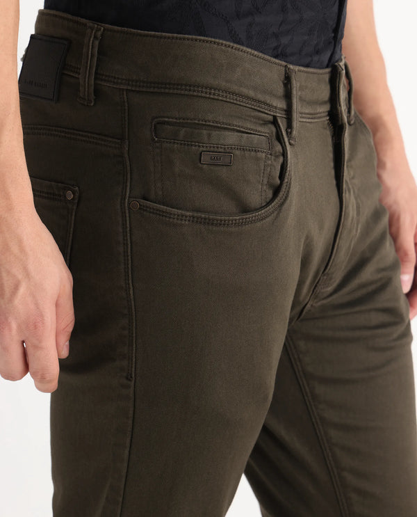 Rare Rabbit Men's Essen Dark Olive Dark Wash Mid-Rise Slim Fit Jeans