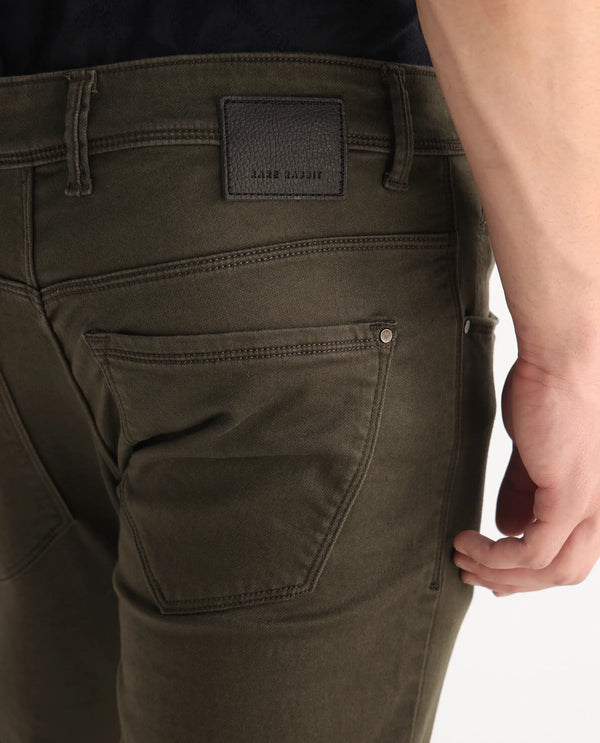 Rare Rabbit Men's Essen Dark Olive Dark Wash Mid-Rise Slim Fit Jeans