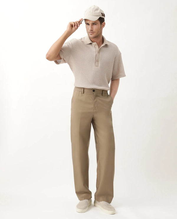 Rare Rabbit Men Essot Khaki Excel Viscose Blend Fabric Elasticated Waistband Korean Plain Trouser