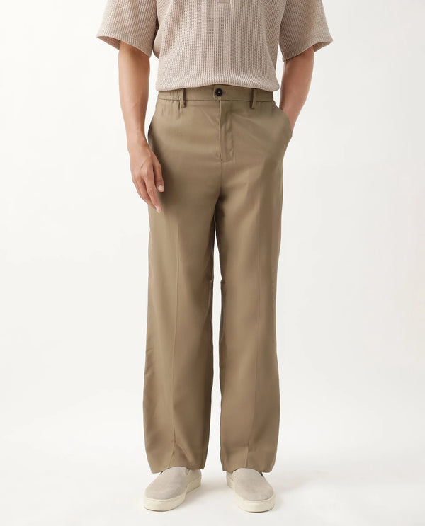 Rare Rabbit Men Essot Khaki Excel Viscose Blend Fabric Elasticated Waistband Korean Plain Trouser