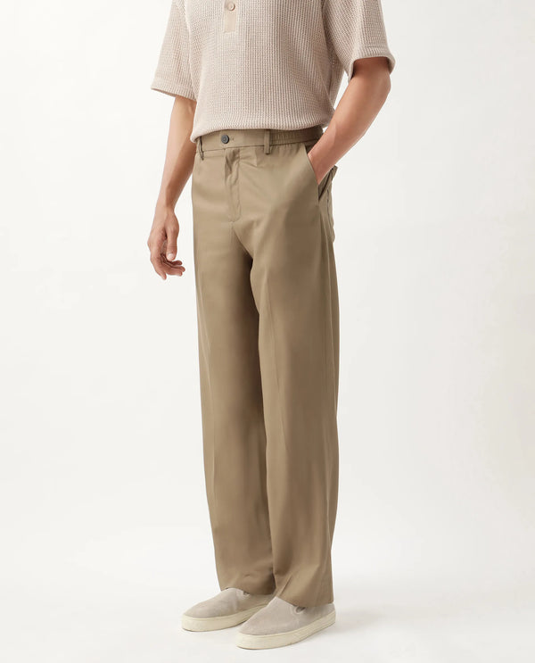 Rare Rabbit Men Essot Khaki Excel Viscose Blend Fabric Elasticated Waistband Korean Plain Trouser