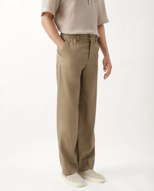 Rare Rabbit Men Essot Khaki Excel Viscose Blend Fabric Elasticated Waistband Korean Plain Trouser