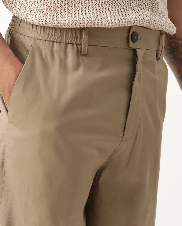Rare Rabbit Men Essot Khaki Excel Viscose Blend Fabric Elasticated Waistband Korean Plain Trouser