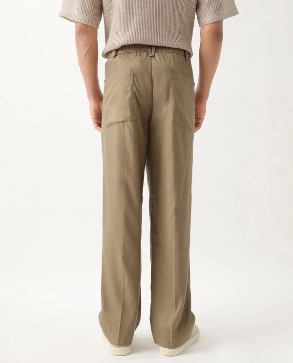 Rare Rabbit Men Essot Khaki Excel Viscose Blend Fabric Elasticated Waistband Korean Plain Trouser
