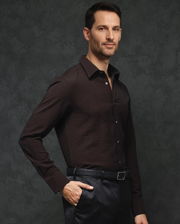 Rare Rabbit Mens Esty Dark Maroon Viscose Nylon Fabric Full Sleeves Solid Twill Shirt