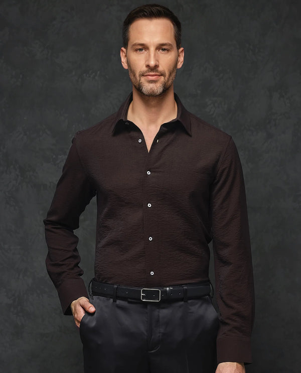 Rare Rabbit Mens Esty Dark Maroon Viscose Nylon Fabric Full Sleeves Solid Twill Shirt
