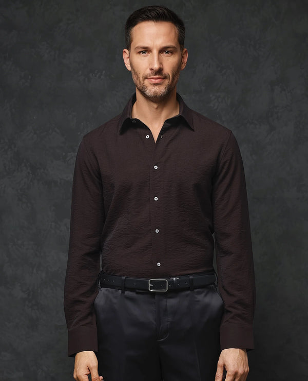 Rare Rabbit Mens Esty Dark Maroon Viscose Nylon Fabric Full Sleeves Solid Twill Shirt