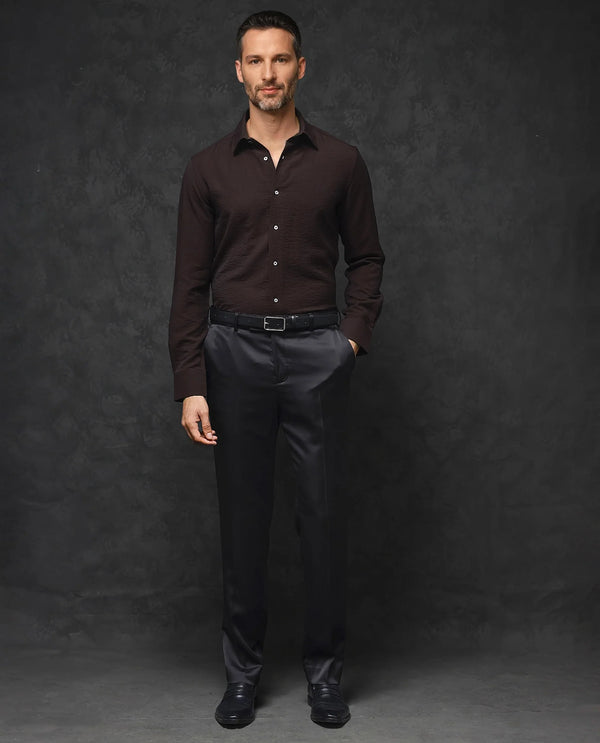 Rare Rabbit Mens Esty Dark Maroon Viscose Nylon Fabric Full Sleeves Solid Twill Shirt