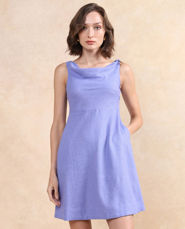 Rareism Women Eswati Lilac Viscose Linen Fabric Sleeveless Cowl Neck Flared Knee Length Plain Dress