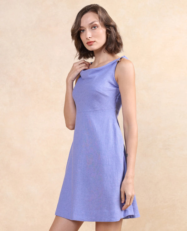 Rareism Women Eswati Lilac Viscose Linen Fabric Sleeveless Cowl Neck Flared Knee Length Plain Dress