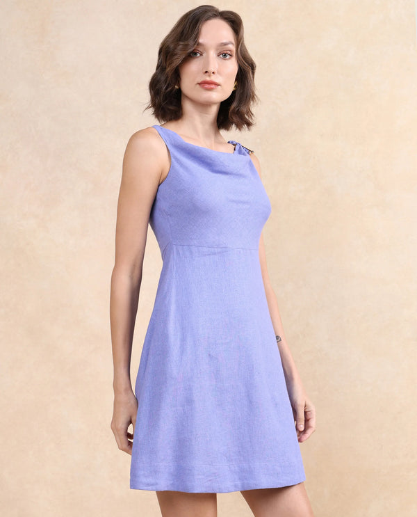 Rareism Women Eswati Lilac Viscose Linen Fabric Sleeveless Cowl Neck Flared Knee Length Plain Dress