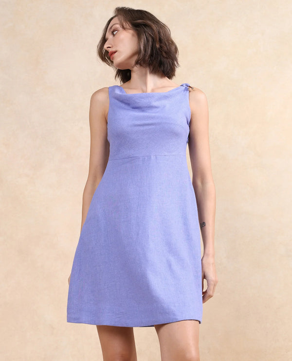 Rareism Women Eswati Lilac Viscose Linen Fabric Sleeveless Cowl Neck Flared Knee Length Plain Dress