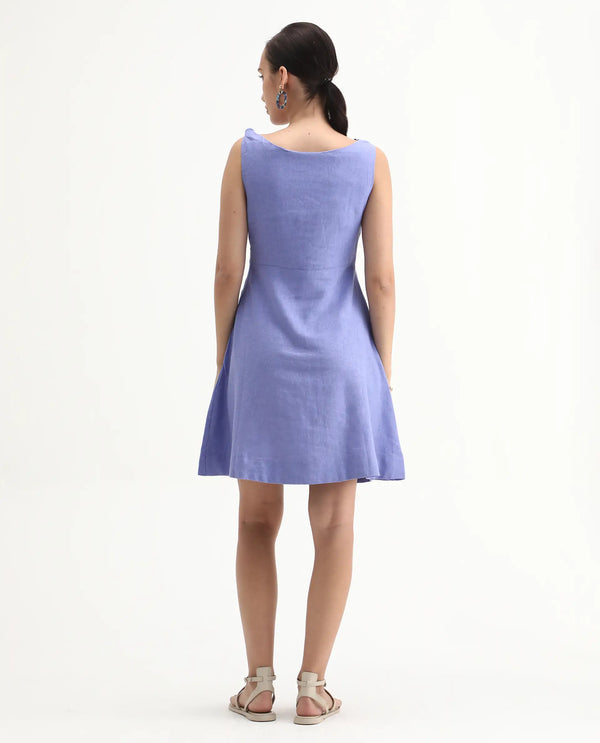 Rareism Women Eswati Lilac Viscose Linen Fabric Sleeveless Cowl Neck Flared Knee Length Plain Dress