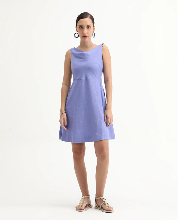 Rareism Women Eswati Lilac Viscose Linen Fabric Sleeveless Cowl Neck Flared Knee Length Plain Dress