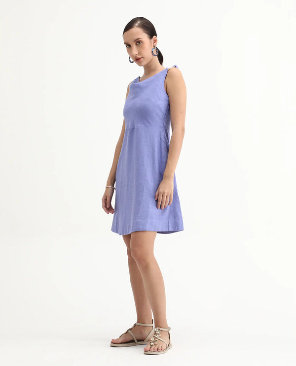 Rareism Women Eswati Lilac Viscose Linen Fabric Sleeveless Cowl Neck Flared Knee Length Plain Dress