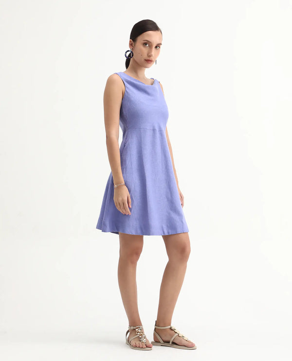 Rareism Women Eswati Lilac Viscose Linen Fabric Sleeveless Cowl Neck Flared Knee Length Plain Dress