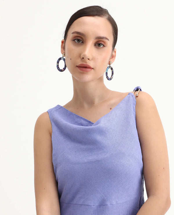 Rareism Women Eswati Lilac Viscose Linen Fabric Sleeveless Cowl Neck Flared Knee Length Plain Dress