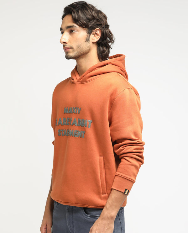 Rare Rabbit Men's Ether Rust Cotton Polyester Fabric Neck Full Sleeves Leather Appliqué Knitted Hooded Sweatshirt