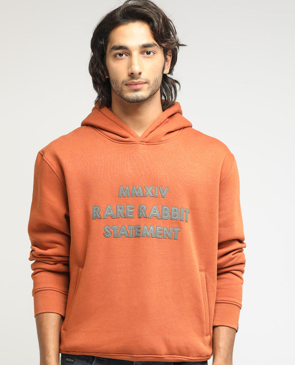Rare Rabbit Men's Ether Rust Cotton Polyester Fabric Neck Full Sleeves Leather Appliqué Knitted Hooded Sweatshirt