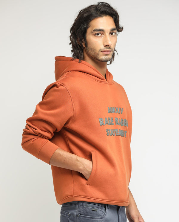 Rare Rabbit Men's Ether Rust Cotton Polyester Fabric Neck Full Sleeves Leather Appliqué Knitted Hooded Sweatshirt