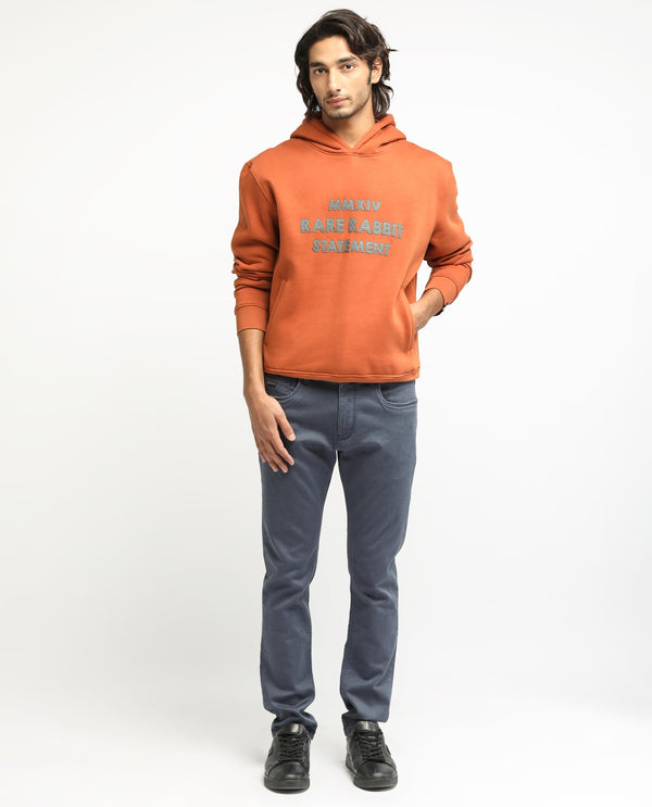 Rare Rabbit Men's Ether Rust Cotton Polyester Fabric Neck Full Sleeves Leather Appliqué Knitted Hooded Sweatshirt