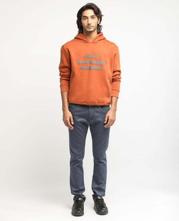 Rare Rabbit Men's Ether Rust Cotton Polyester Fabric Neck Full Sleeves Leather Appliqué Knitted Hooded Sweatshirt