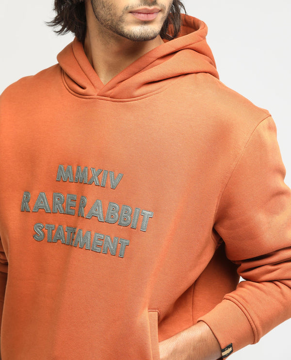 Rare Rabbit Men's Ether Rust Cotton Polyester Fabric Neck Full Sleeves Leather Appliqué Knitted Hooded Sweatshirt