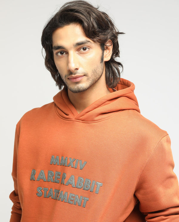 Rare Rabbit Men's Ether Rust Cotton Polyester Fabric Neck Full Sleeves Leather Appliqué Knitted Hooded Sweatshirt