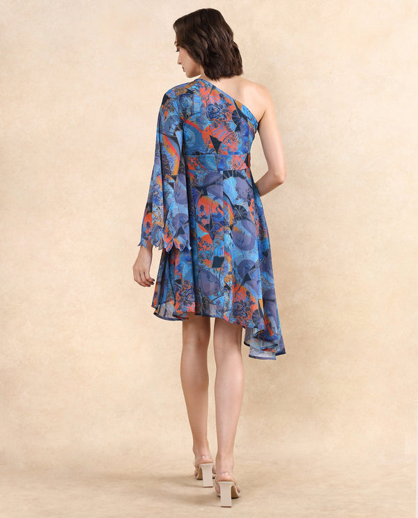 Rareism Women Ethiopi Blue Polyester Fabric Asymmetrical Sleeve One Shoulder Zipper Closure Asymmetric Fit Knee Length Abstract Print Dress