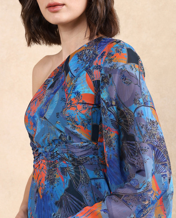 Rareism Women Ethiopi Blue Polyester Fabric Asymmetrical Sleeve One Shoulder Zipper Closure Asymmetric Fit Knee Length Abstract Print Dress