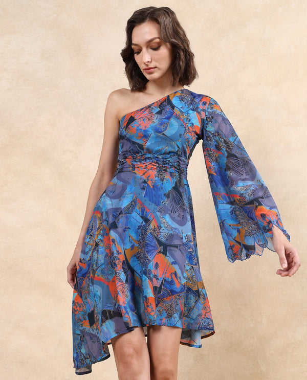 Rareism Women Ethiopi Blue Polyester Fabric Asymmetrical Sleeve One Shoulder Zipper Closure Asymmetric Fit Knee Length Abstract Print Dress