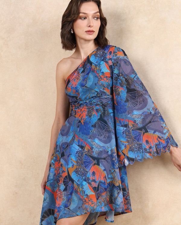Rareism Women Ethiopi Blue Polyester Fabric Asymmetrical Sleeve One Shoulder Zipper Closure Asymmetric Fit Knee Length Abstract Print Dress