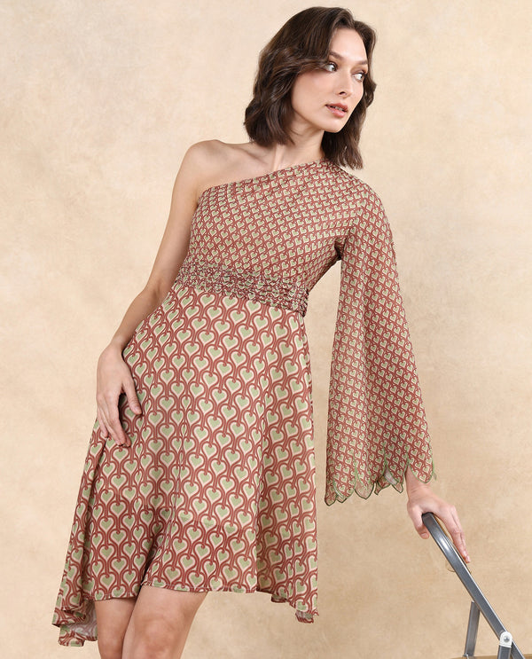 Rareism Women's Ethiopig Multi  One Shoulder Zipper Closure Asymmetric Sleeve Geometric Print Asymmetric Knee Length Dress