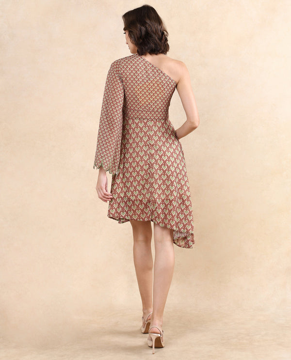 Rareism Women's Ethiopig Multi  One Shoulder Zipper Closure Asymmetric Sleeve Geometric Print Asymmetric Knee Length Dress