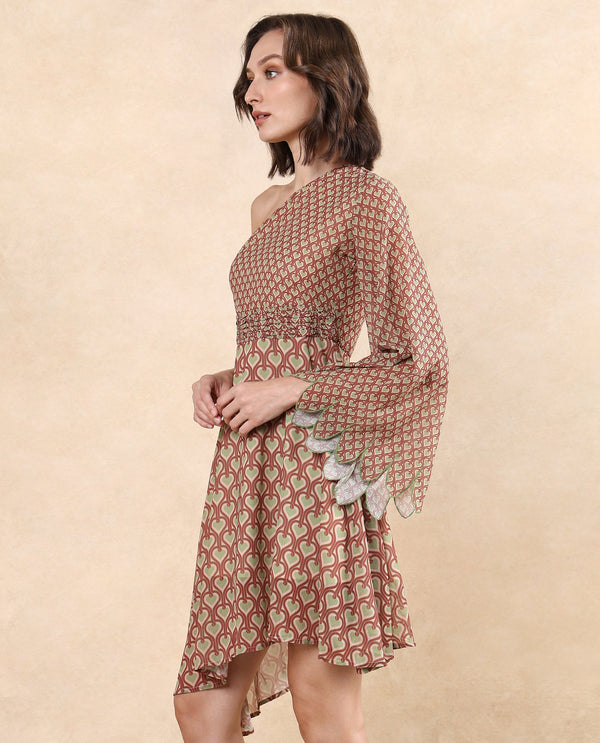 Rareism Women's Ethiopig Multi  One Shoulder Zipper Closure Asymmetric Sleeve Geometric Print Asymmetric Knee Length Dress