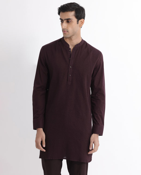 Rare Rabbit Men's Ethnic Maroon Cotton Fabric Mandarin Collar Full Sleeves Pintuck Kurta