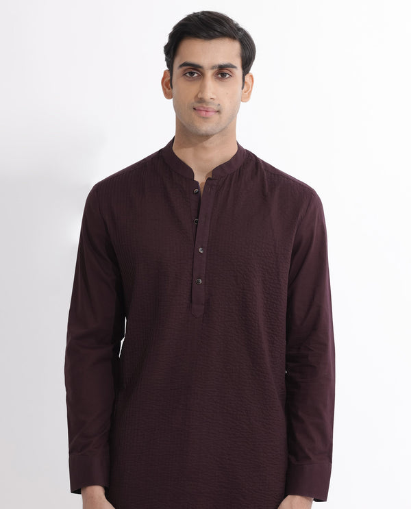 Rare Rabbit Men's Ethnic Maroon Cotton Fabric Mandarin Collar Full Sleeves Pintuck Kurta