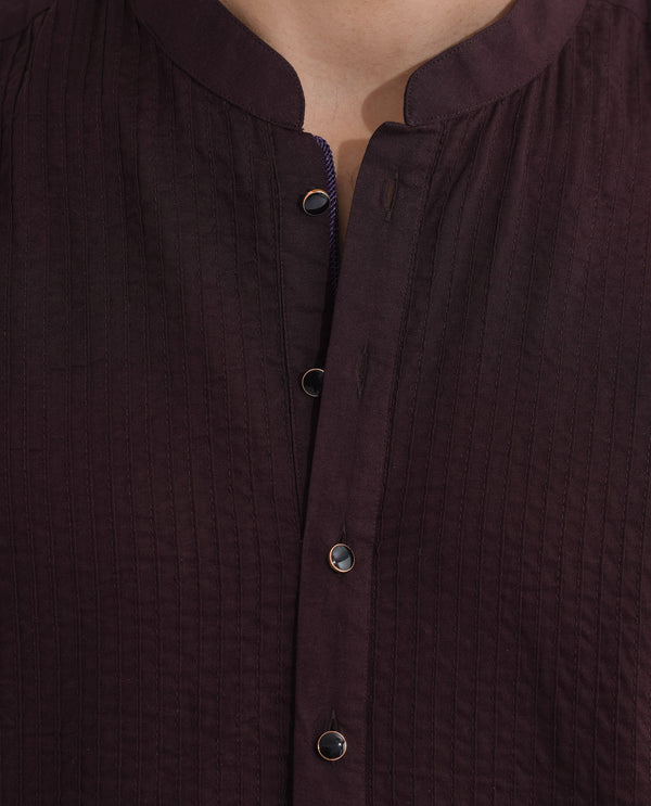 Rare Rabbit Men's Ethnic Maroon Cotton Fabric Mandarin Collar Full Sleeves Pintuck Kurta