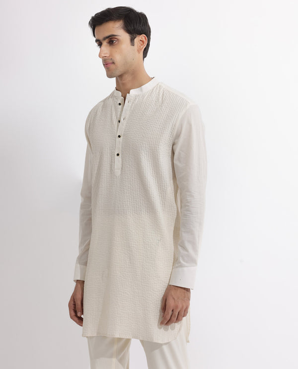 Rare Rabbit Men's Ethnic Beige Cotton Fabric Mandarin Collar Full Sleeves Pintuck Kurta