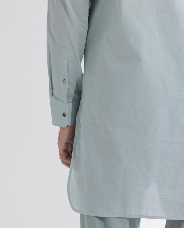 Rare Rabbit Men's Ethnic Light Blue Cotton Fabric Mandarin Collar Full Sleeves Pintuck Kurta