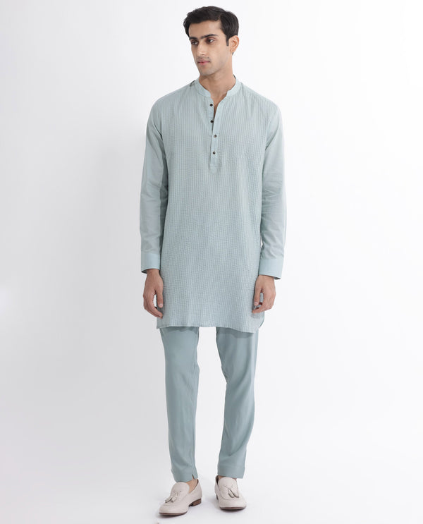 Rare Rabbit Men's Ethnic Light Blue Cotton Fabric Mandarin Collar Full Sleeves Pintuck Kurta