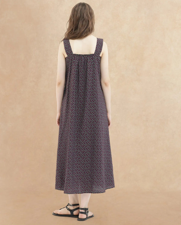 Rareism Women's Eula Brown Viscose Fabric Shoulder Straps  Sleeveless Polka Flared Midi Dress