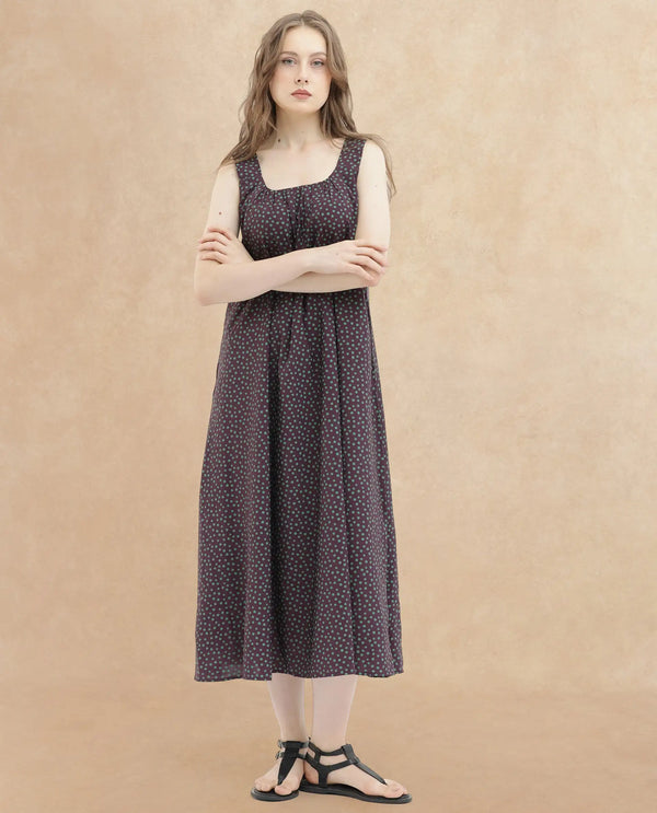 Rareism Women's Eula Brown Viscose Fabric Shoulder Straps  Sleeveless Polka Flared Midi Dress