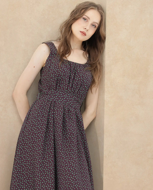 Rareism Women's Eula Brown Viscose Fabric Shoulder Straps  Sleeveless Polka Flared Midi Dress