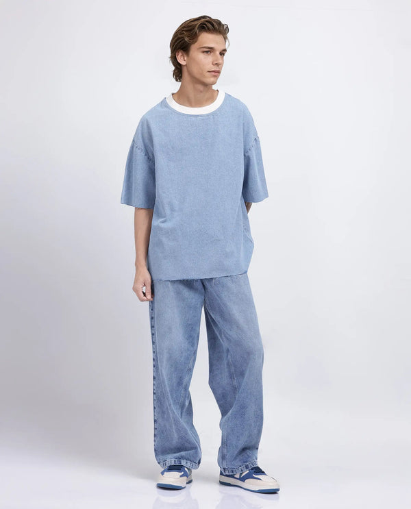 Rare Rabbit Men Euler Light Blue Cotton Fabric Round Neck T-Shirt