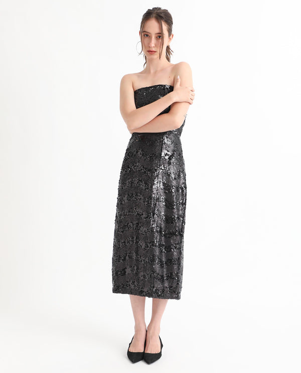 Rareism Women Eve Sheen Black Off Shoulder Thigh Slit Back Zip Closure Sequin Bodycon Midi Party Dress