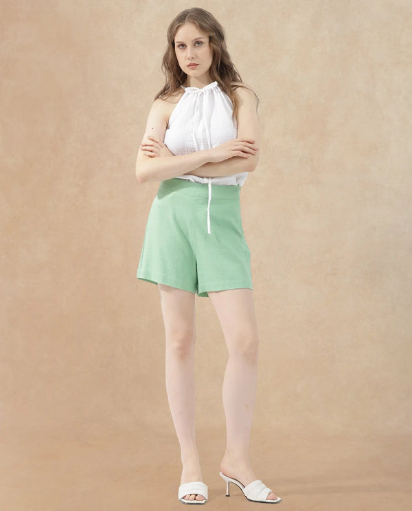 Rareism Women Eveny Pastel Green Viscose Linen Fabric Zip Closure Slim Fit Plain Mini Shorts